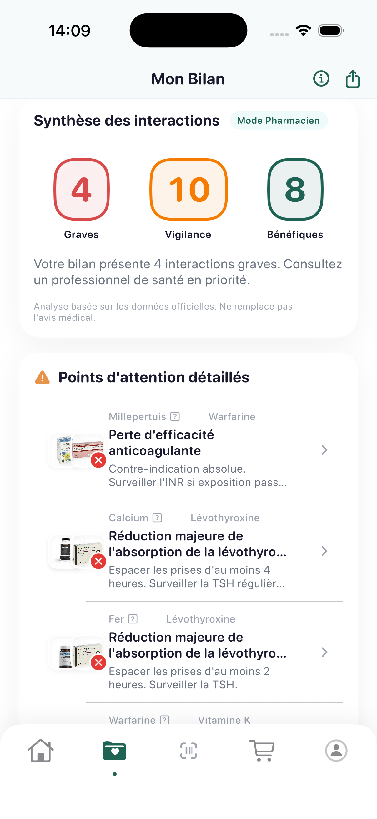 Écran bilan d'interactions MedEat